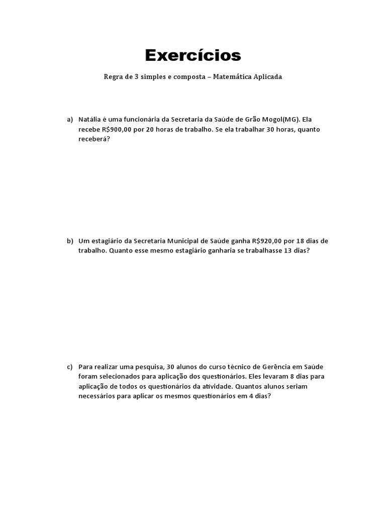 Exercícios Regra de 3 | PDF