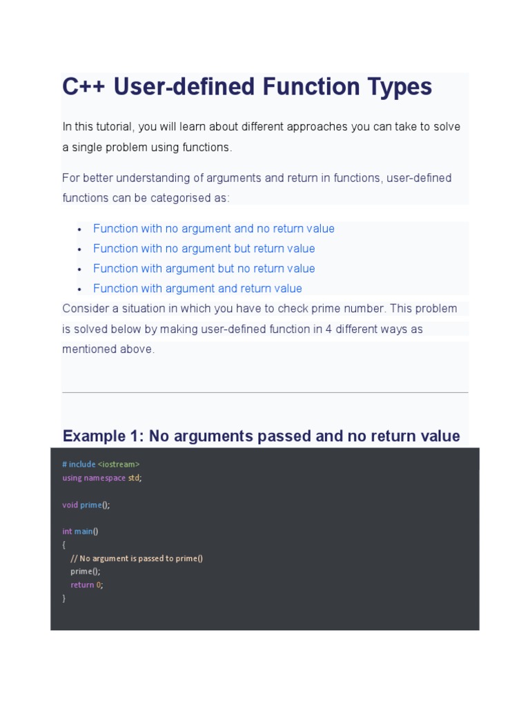 C++ UserDefined Function Types Example 1 No Arguments Passed and No