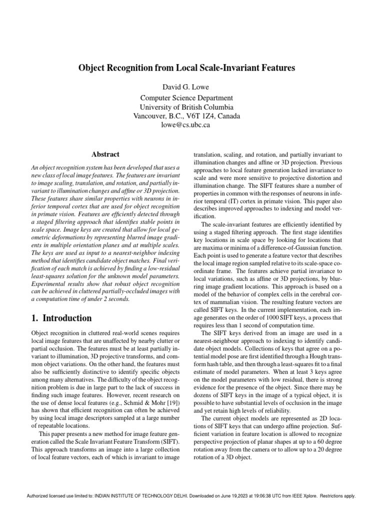 Object recognition from local scale invariant features pdf computer