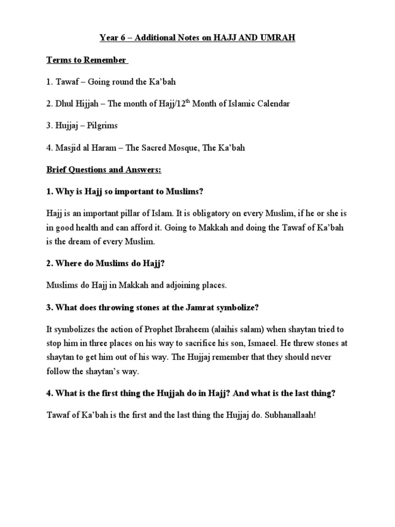 Year 6 Hajj and Umrah Notes | PDF
