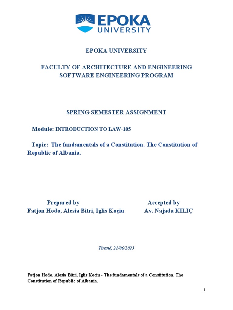 Law Spring Assignment Swe 2023 The Constitution of Republic of Albania