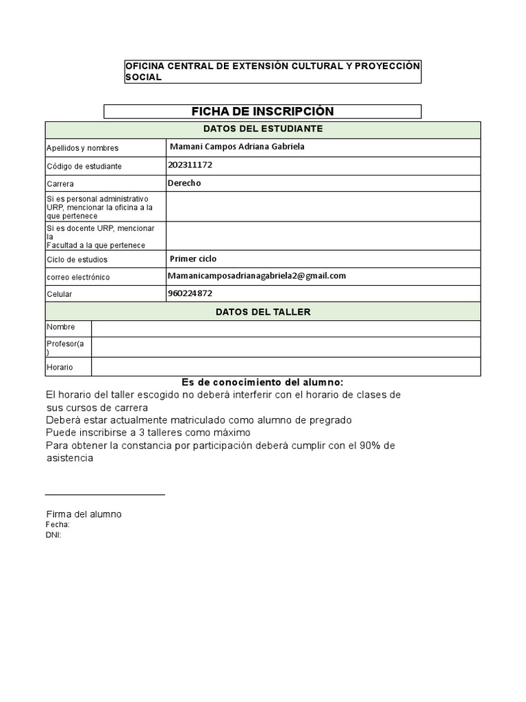 Ficha De Inscripción Para Talleres Pdf
