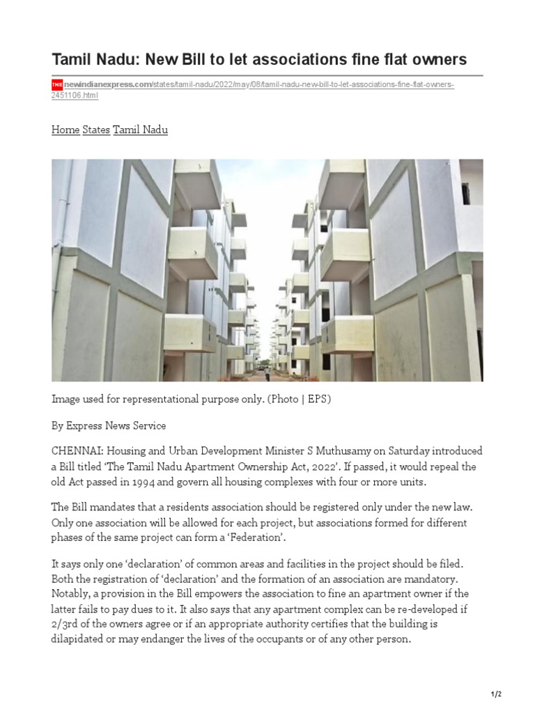 Tamil Nadu New Bill To Let Associations Fine Flat Owners PDF