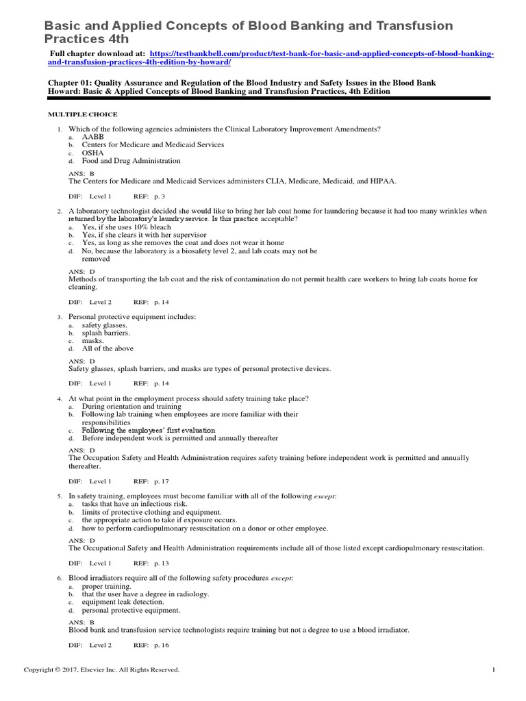 Test Bank For Basic and Applied Concepts of Blood Banking and