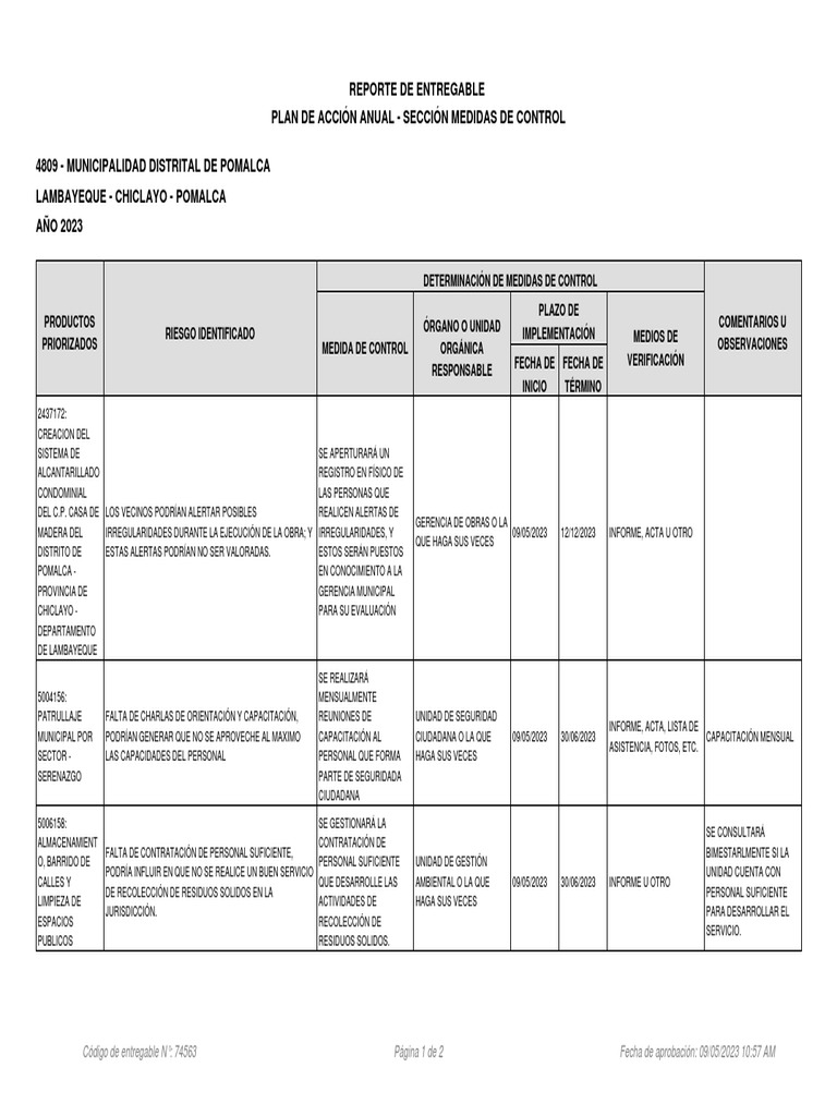 Plan de Acción Anual 2023 Pomalca | PDF