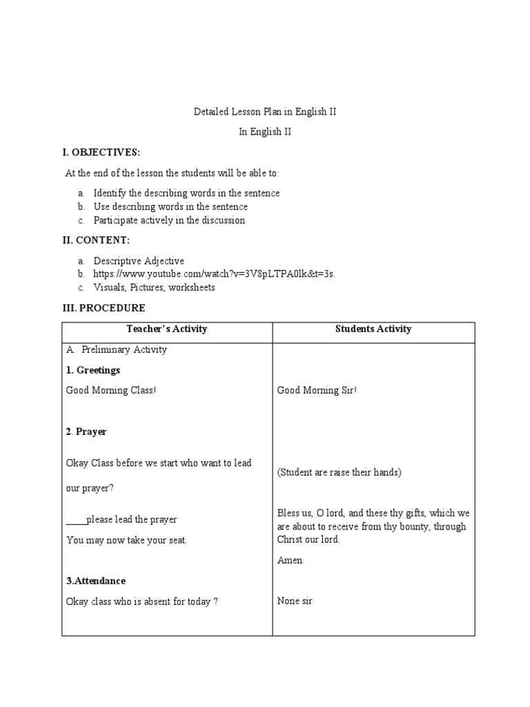 Descriptive Adjectives Lesson Plan | PDF | Lesson Plan | English Language