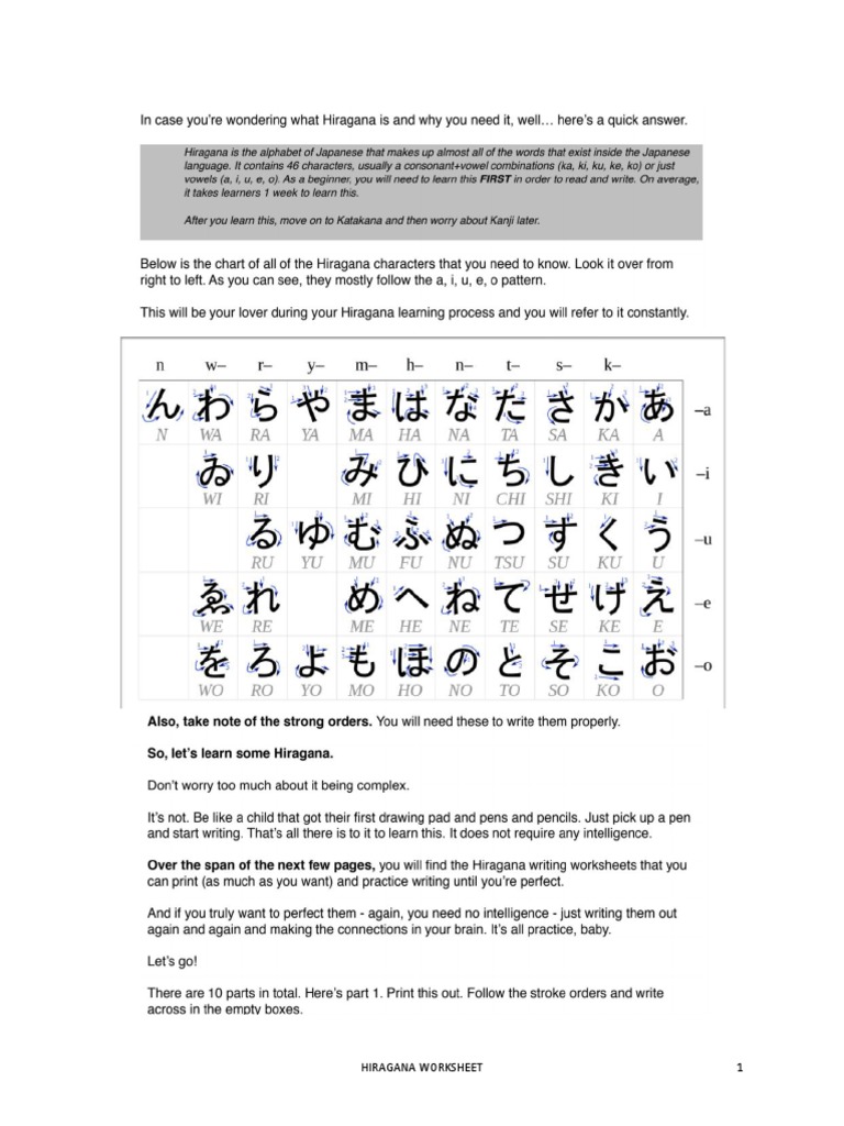 Hiragana Worksheet PDF