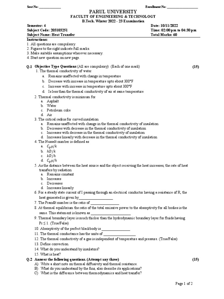 B.Tech Heat Transfer Exam Paper 2022 | PDF | Thermal Insulation | Heat ...