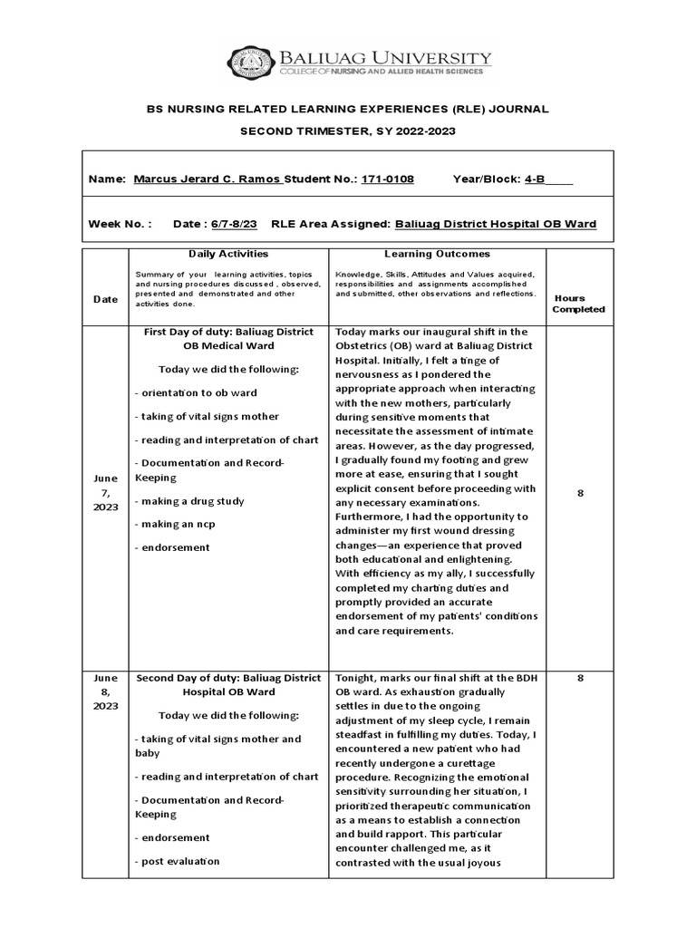 Rle journal night bdh obward ramos pdf nursing learning