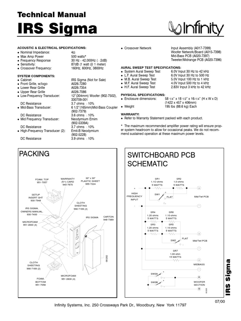 Infinity Irs Sigma Technical Sheet PDF Manufactured Goods Audio