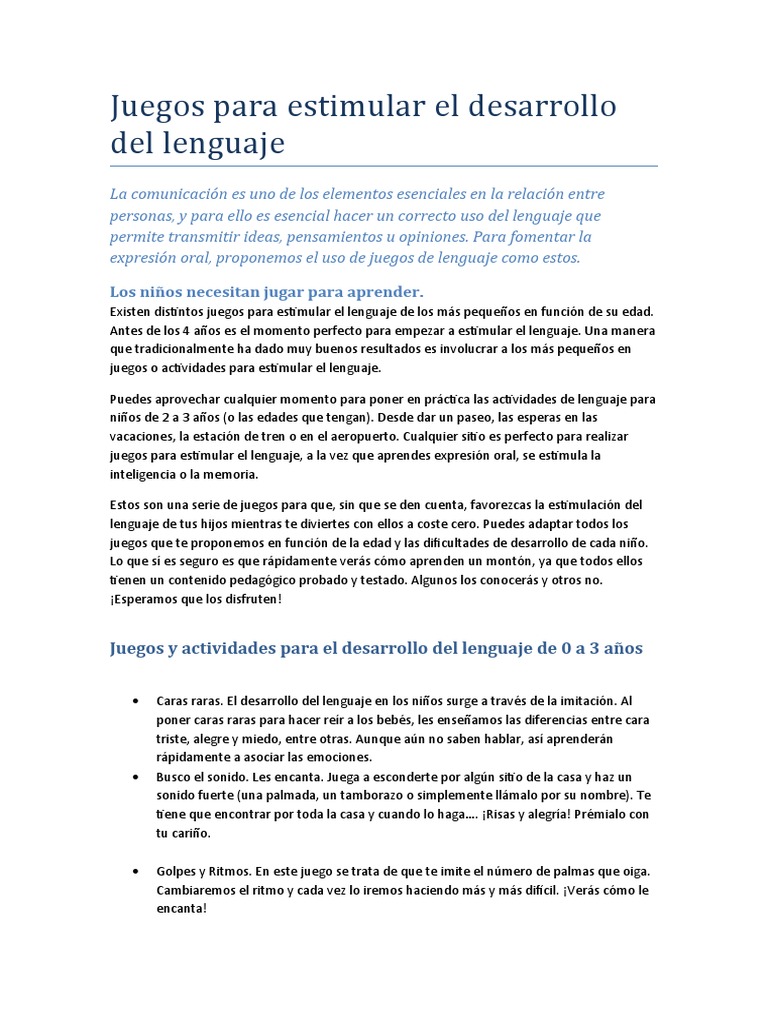 Juegos para Estimular El Desarrollo Del Lenguaje | PDF | Aquisición de ...