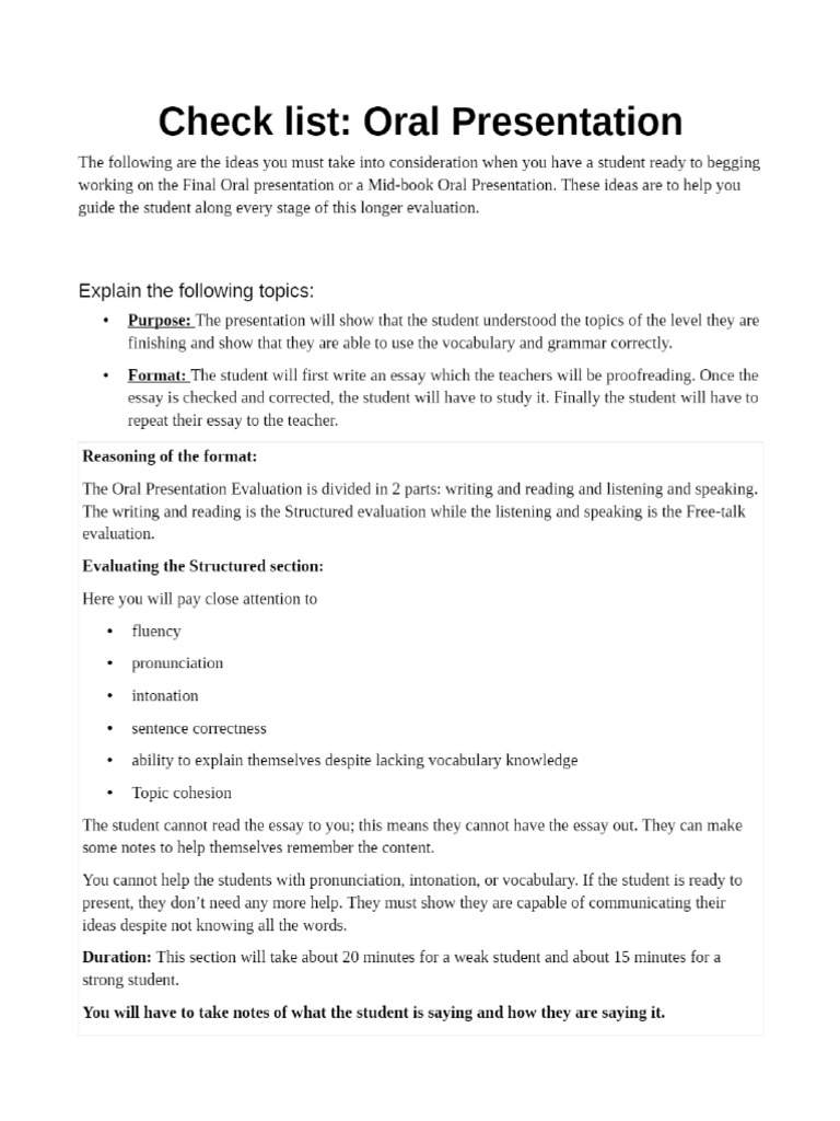 Printable Oral Presentation Checklist For Elementary Students