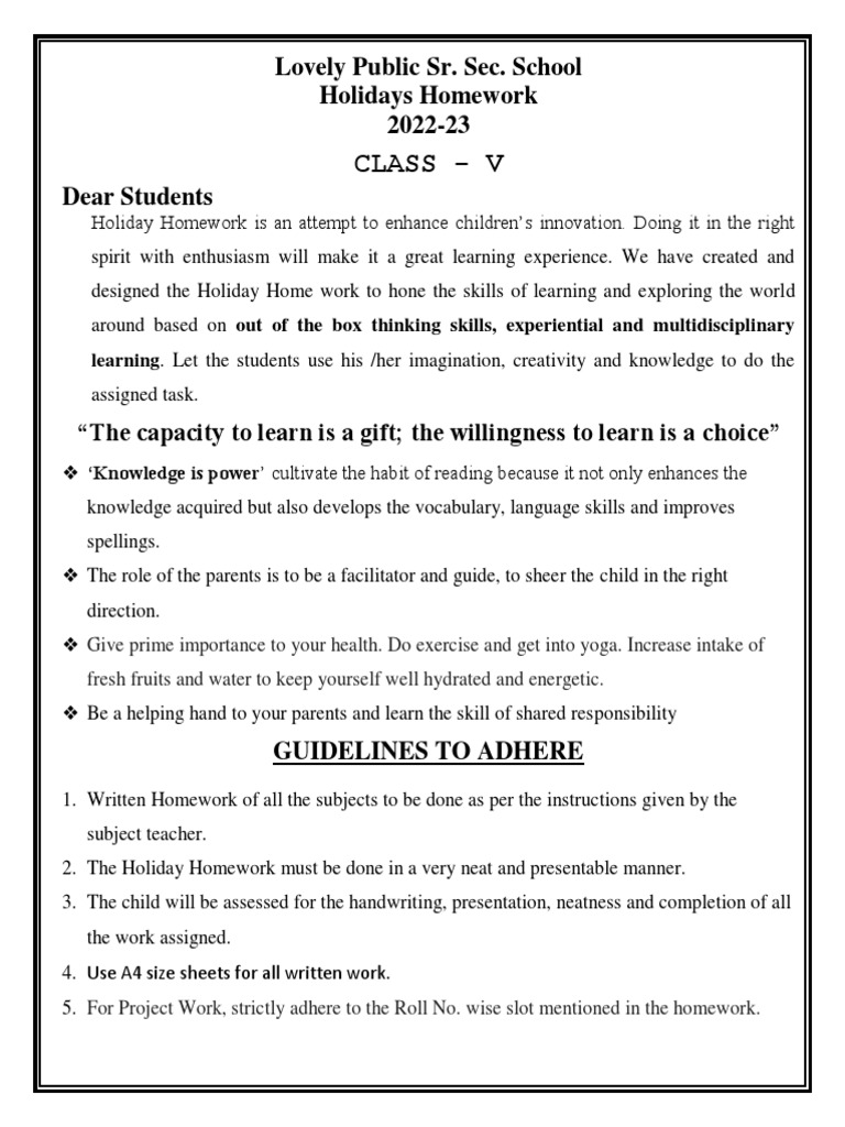 Class 5 Holiday Homework 2022-23 | PDF | Homework | Learning