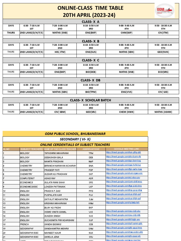 Online Class Time Table
