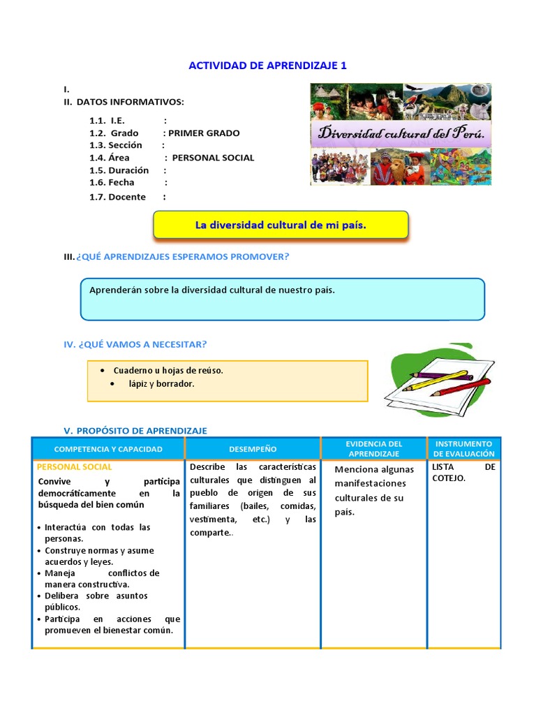 Actividades de Diversidad Cultural para 1° Grado | PDF | Evaluación ...