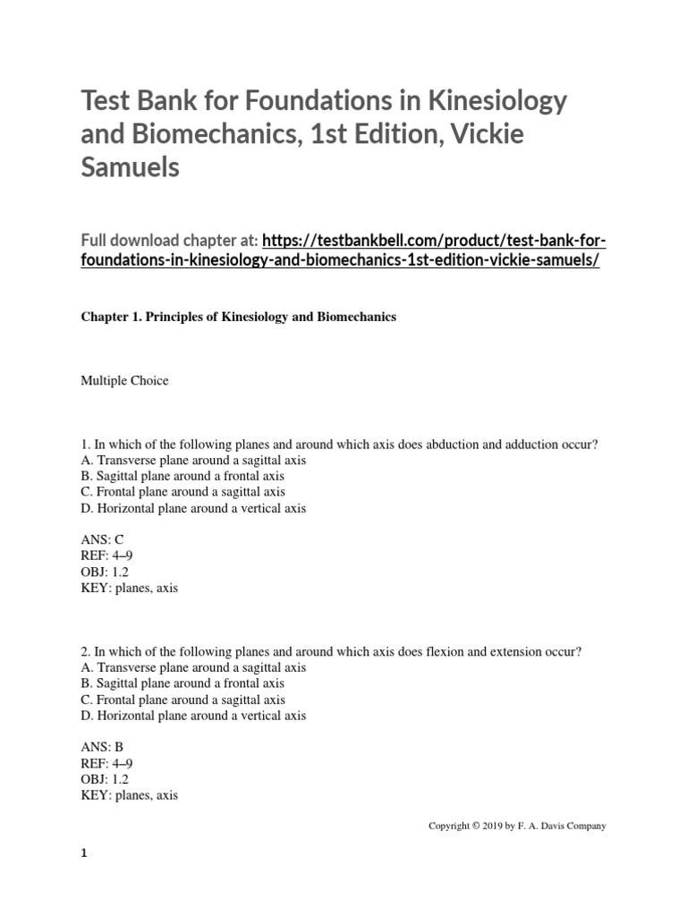 Test Bank For Foundations in Kinesiology and Biomechanics 1st Edition