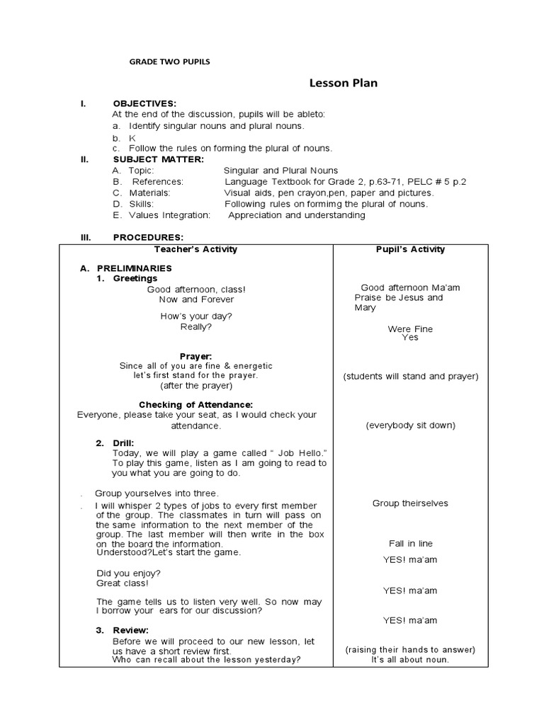 Grade 2 Lesson Plan: Nouns Overview | PDF | Plural | Grammatical Number
