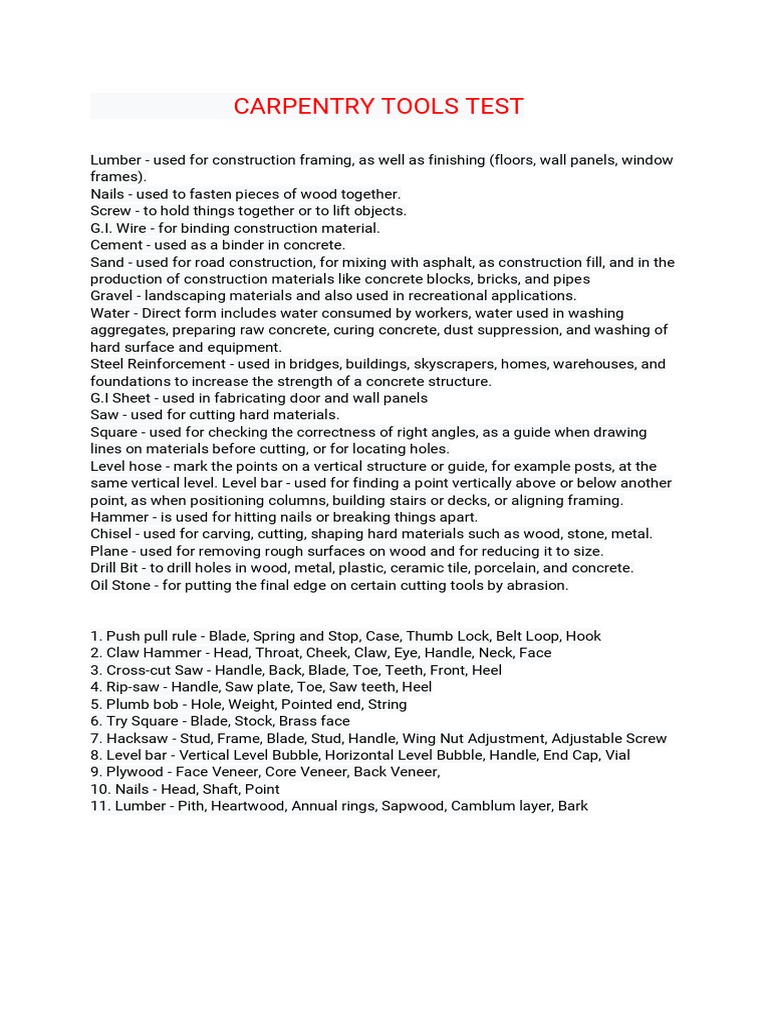 Carpentry Tools Test PDF