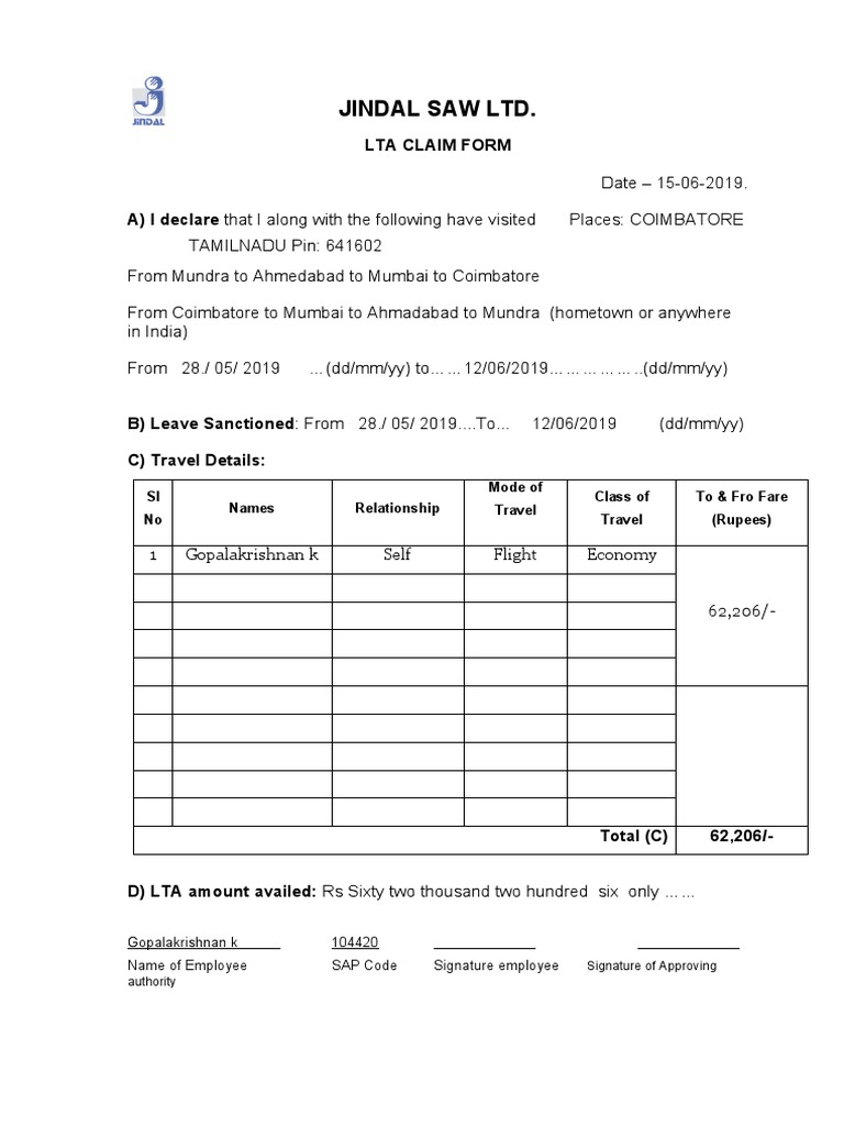 Jindal Saw LTA Claim Form Guide | PDF