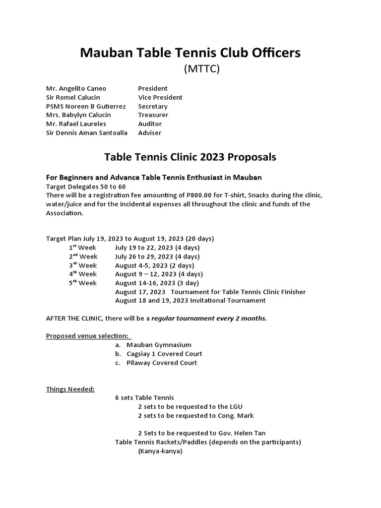 TableTennisClinic2023Proposals PDF Table Tennis