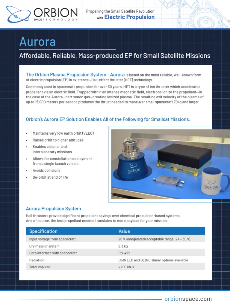 Aurora Electric Propulsion for Smallsats | PDF | Spacecraft Propulsion ...