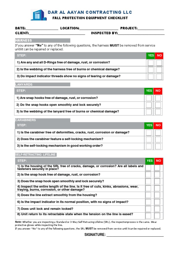 Fall Protection Equipment Inspection Checklist | PDF | Mechanical ...