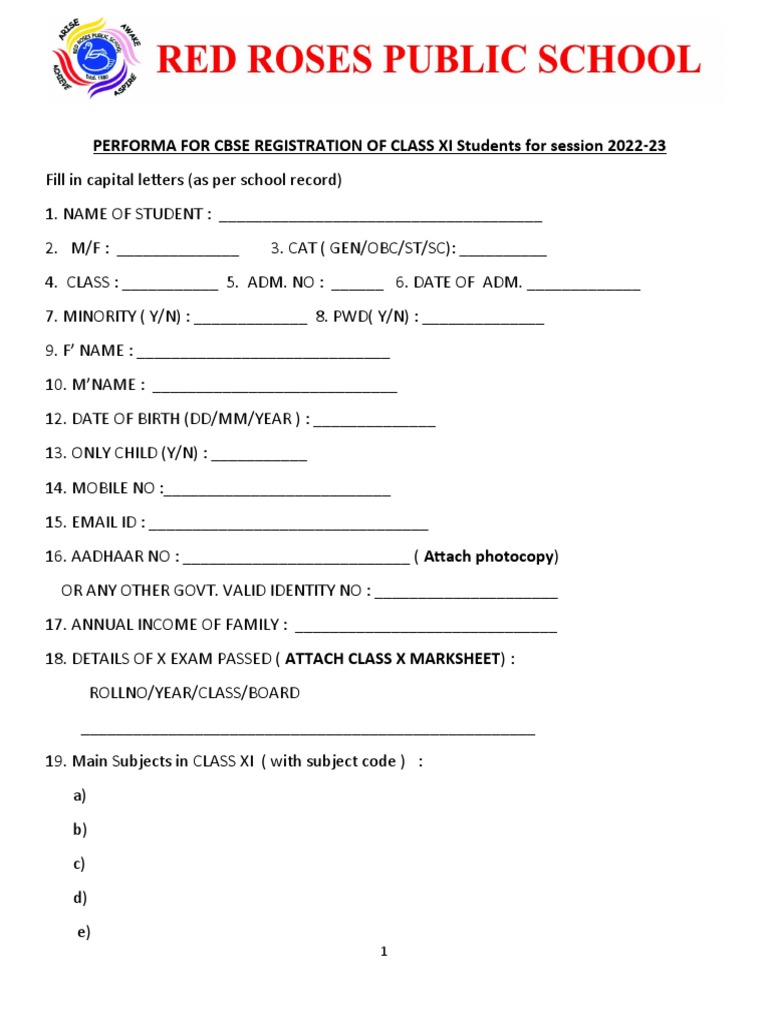 Performa For CBSE Registration XI | PDF