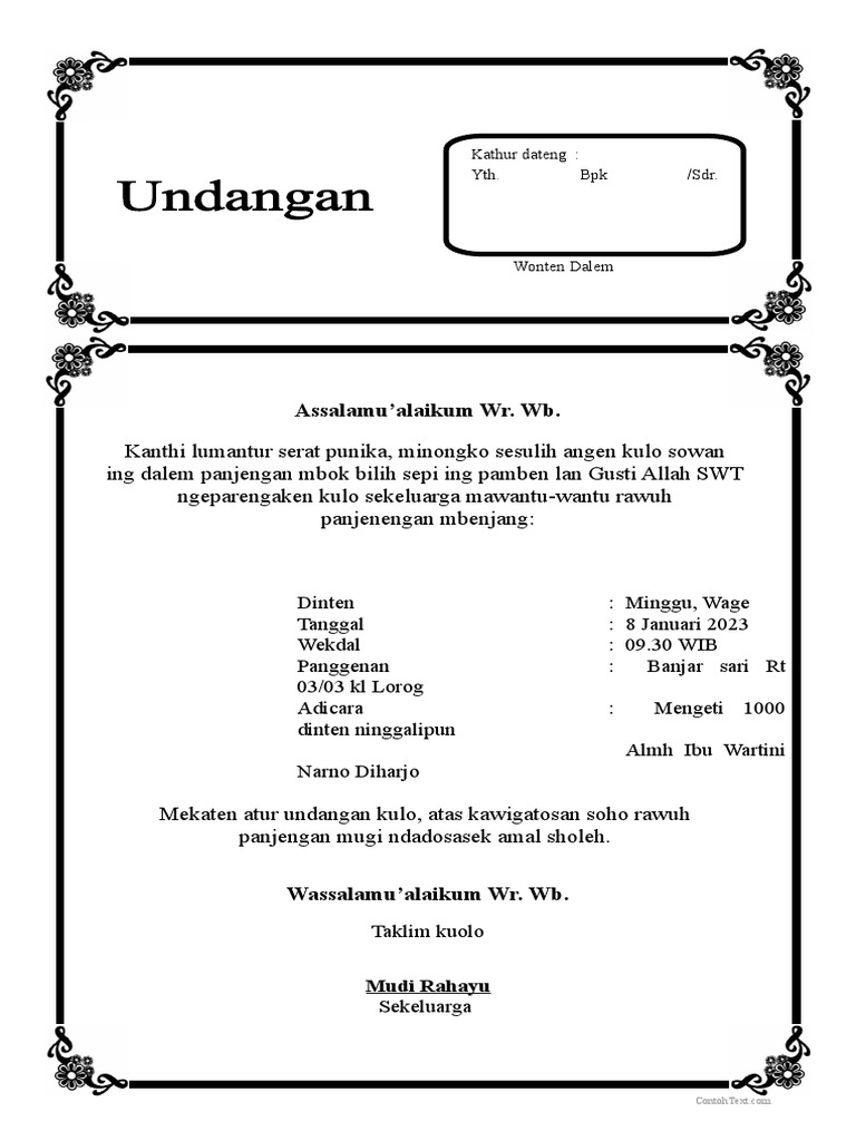 Undangan Tahlil 2 Tahun (Mendak Kedua) - Contohtext | PDF