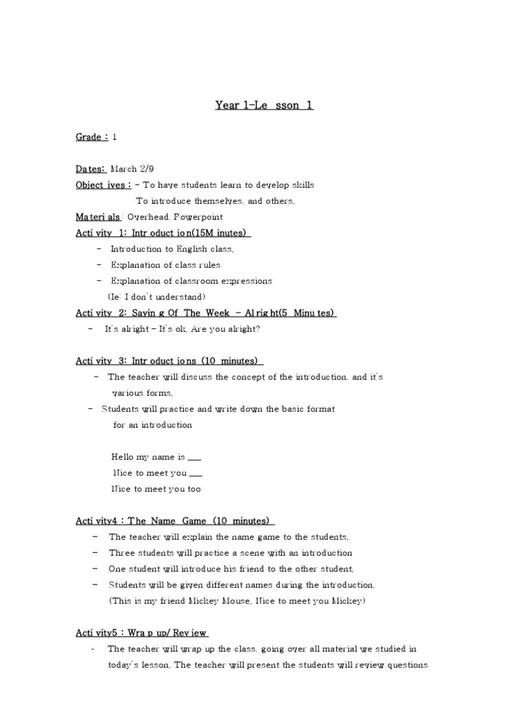 Year 1-Le Sson 1 | PDF