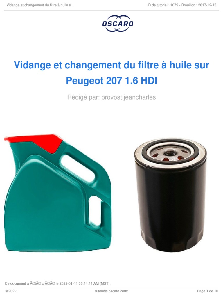 Guide Changement Filtre À Huile Peugeot 207 | PDF | Véhicules | Technologie  des véhicules