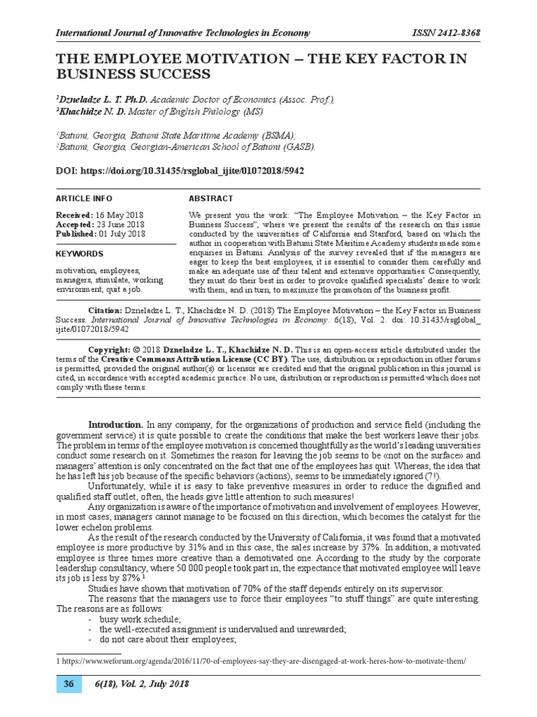 Article. THE EMPLOYEE MOTIVATION THE KEY FACTOR IN PDF Motivation