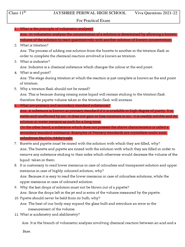 Class 11th Viva Questions Chemistry Download Free PDF Titration