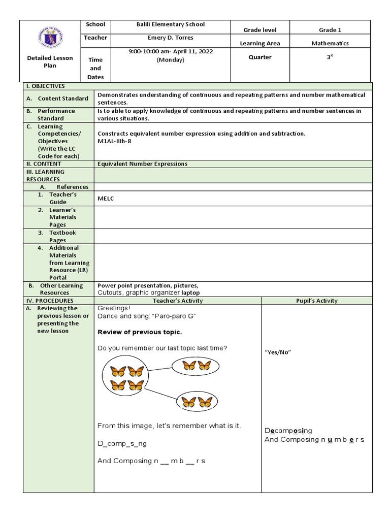 Grade 1 Math Lesson: Equivalent Expressions | PDF | Learning | Teachers
