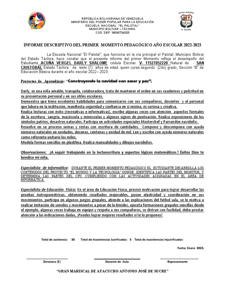 Informe Primer Momento Pedagógico 2022-2023 | PDF | Educación primaria ...