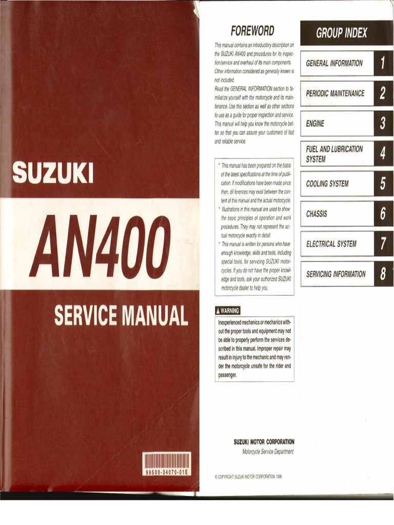 Suzuki AN400 K1 Burgman - Workshop Manual (1998-2002) (En) | PDF