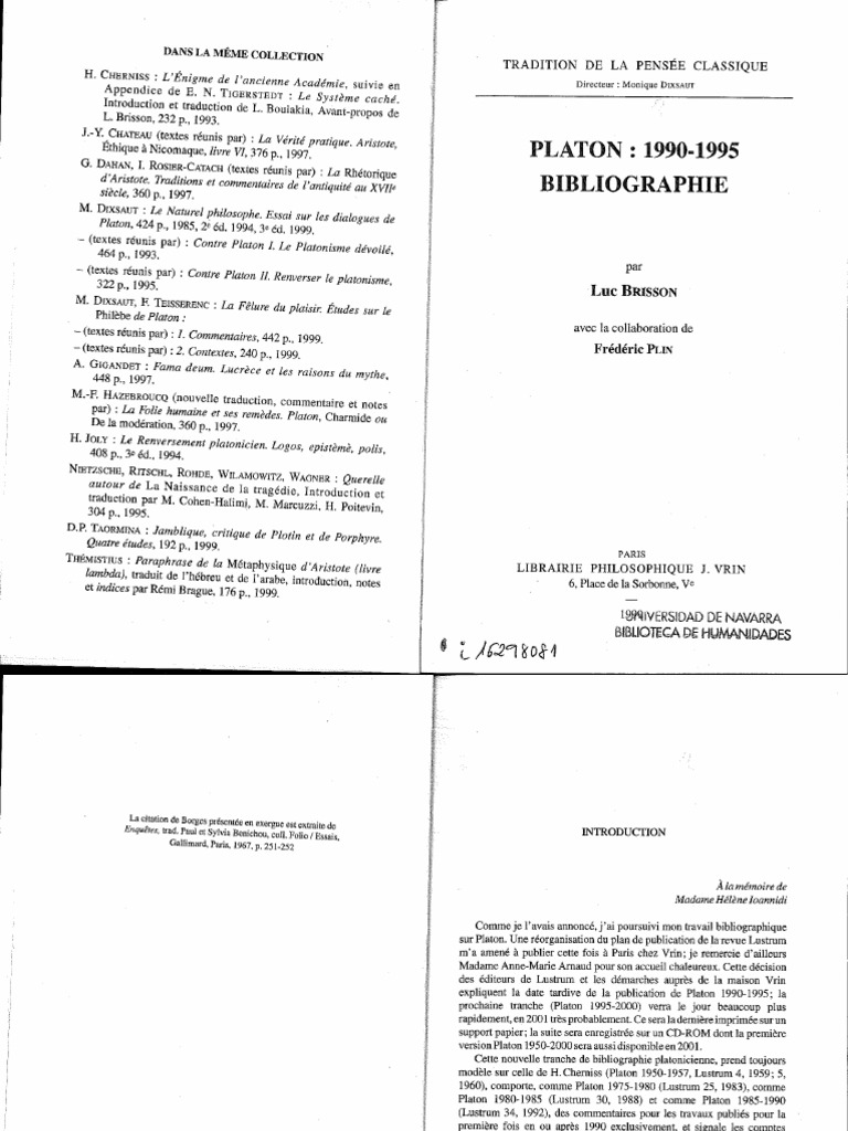 Luc Brisson - Frédéric Plin - Platon 1990-1995. Bibliographie-Vrin ...