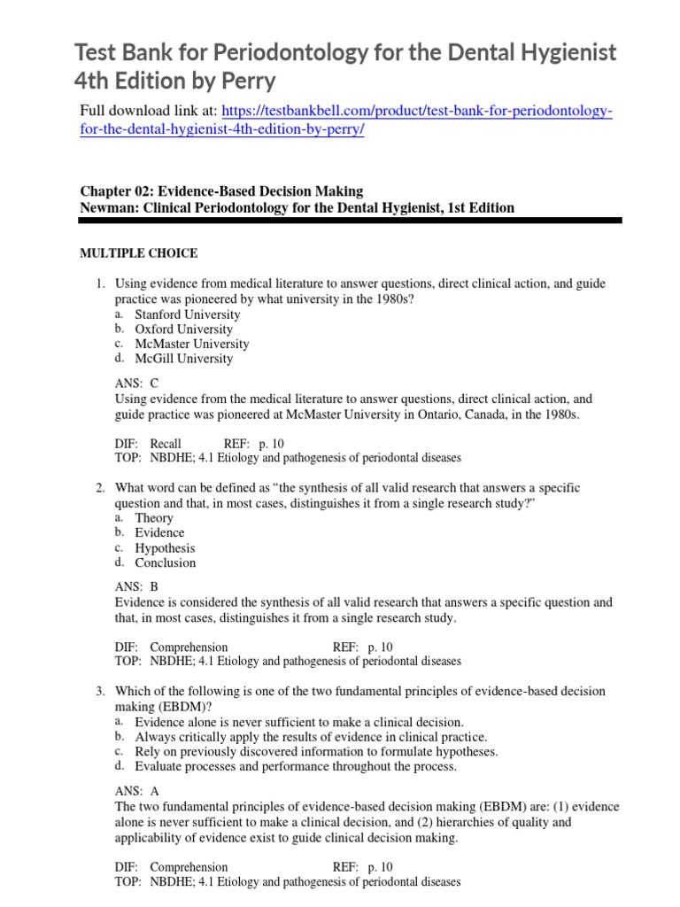 Test Bank For Periodontology For The Dental Hygienist 4th Edition by