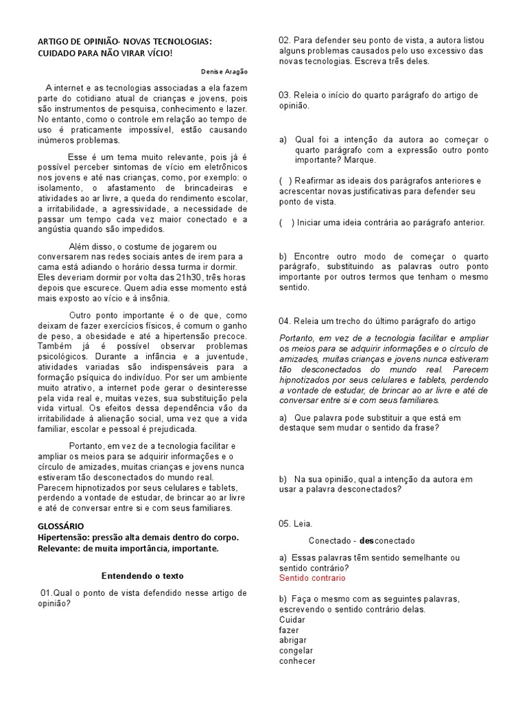 ARTIGO DE OPINIÃO atividade 9º ano | PDF | Internet | Informação