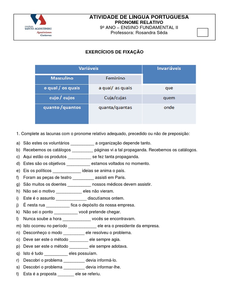10 - GZ - LP - Pronome Relativo - Exercícios - 9º Ano - 2023 | PDF ...