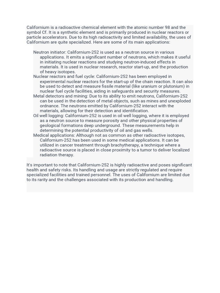 Uses of Californium-252 Explained | PDF