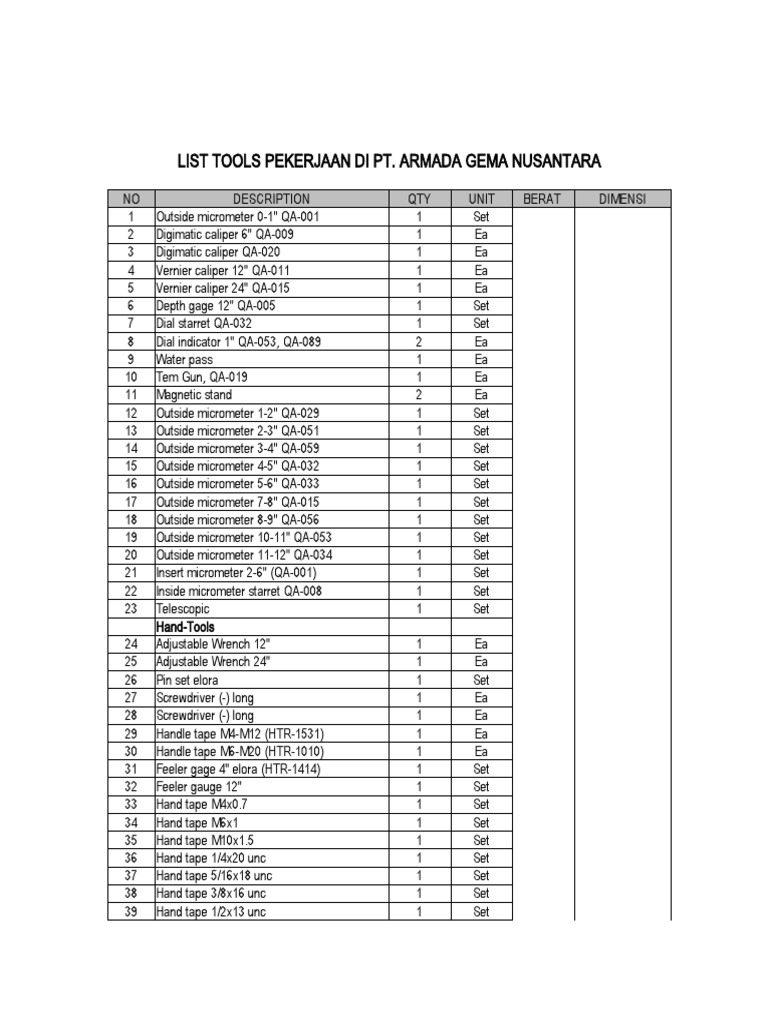 List tools pdf tools equipment