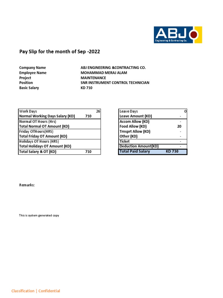 ABJ Engineering Pay Slip - Sep 2022 | PDF | Finance & Money Management