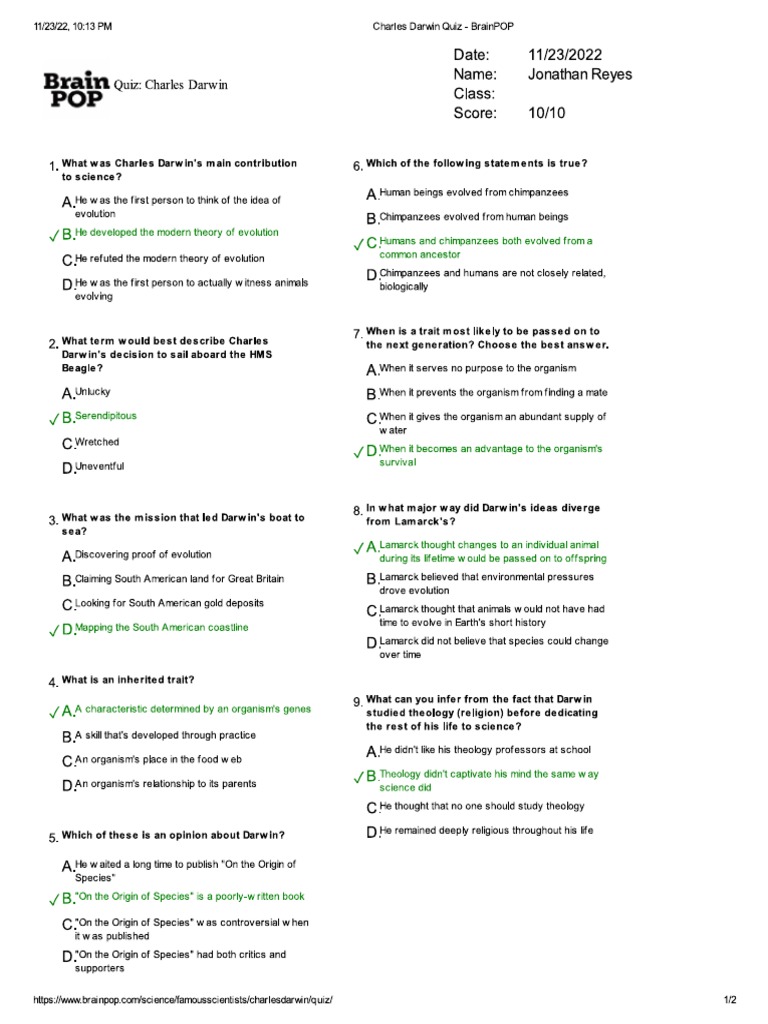 BrainPOP Charles Darwin Quiz PDF