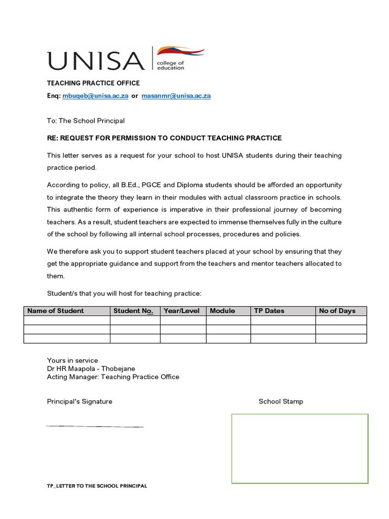 Letter of request to the principal for teaching practice pdf