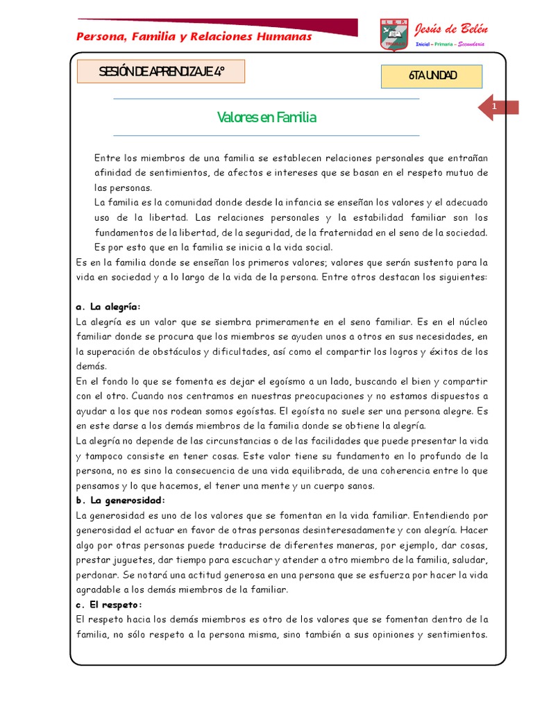 Valores en Familia - 1er AÑO | PDF | Autoestima | Familia