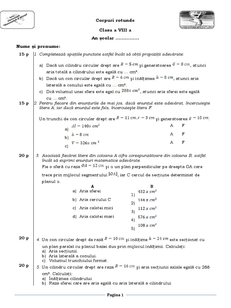 Test - Corpuri Rotunde Clasa A VIII A | PDF