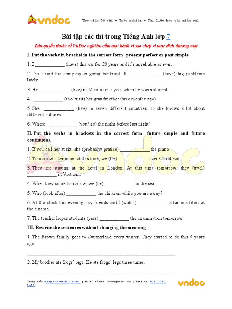 Bai Tap Cac Thi Trong Tieng Anh Lop 7 | PDF | Grammar | Language Mechanics