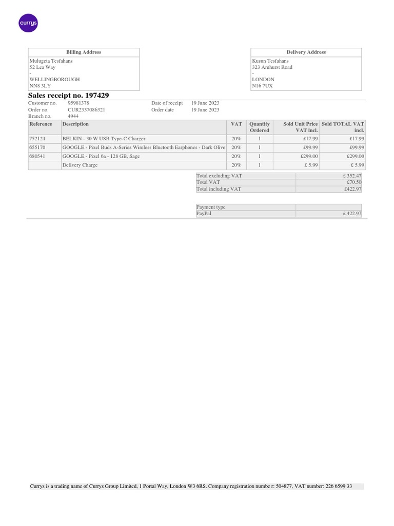 Your Currys Receipt (CUR2337086321) PDF Consumer Electronics