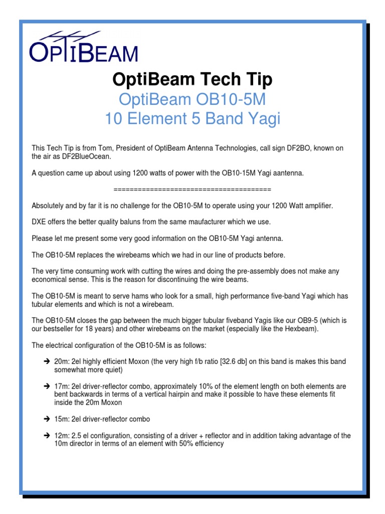 Optibeam Tech Tip Optibeam Ob105M 10 Element 5 Band Yagi PDF