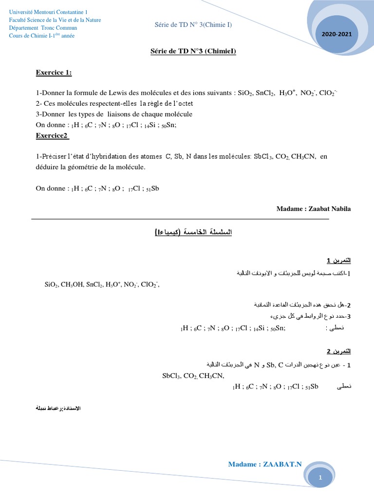 TD N°3 : Formules de Lewis et Hybridation | PDF | Chimie quantique ...